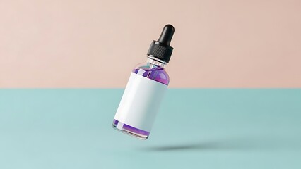 Elegant dropper bottle with blank label for branding cosmetic or essential oil product mockup against pastel backdrop