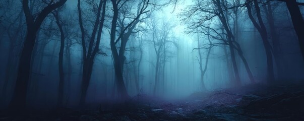 Deep forest with ghostly apparitions at dusk concept. Mysterious foggy forest with shadows and surreal lighting effects.