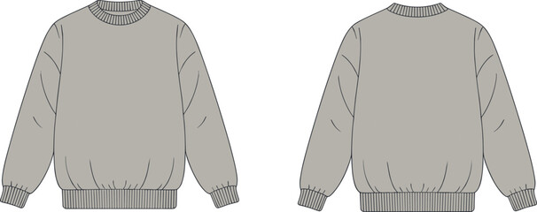 Crewneck sweatshirt front and back technical sketch, long sleeves with ribbed trim, flat vector fashion illustration for garment design or apparel catalog template