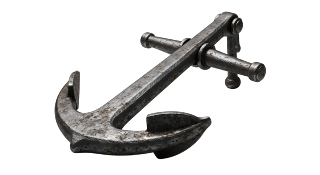 An old metallic anchor rests against a light background. This anchor symbolizes hope and steadiness, isolated on transparent background