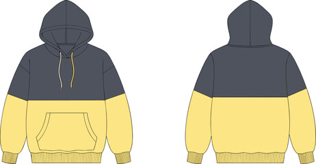 Color-blocked hoodie front and back flat sketch, drawstring hood kangaroo pocket ribbed cuff hem detail, cad drawing flat vector illustration template