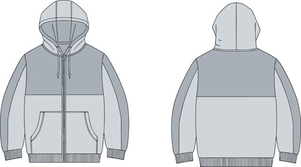 Color-block zip hoodie front and back flat sketch, patch pocket drawstring hood ribbed cuff hem detail, cad drawing flat vector illustration template