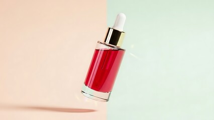 Elegant serum bottle with vibrant red liquid for skincare or cosmetic beauty product promotion campaign