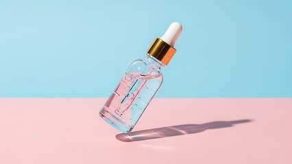 Elegant skincare serum bottle floating on vibrant pink surface against soft blue background for product promotion