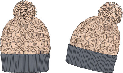 Cable knit winter hat front and side view flat sketch, pom-pom ribbed brim textured detail, cad drawing flat vector illustration fashion accessory template