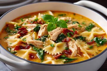Tuscan chicken soup with farfalle pasta and basil
