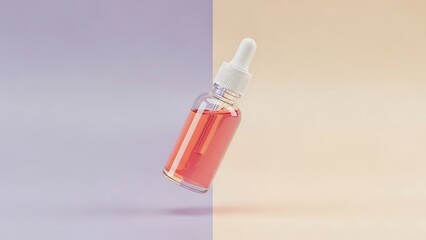 Elegant serum bottle with dropper for beauty product promotion or essential oil display on pastel split background