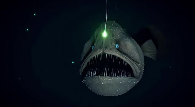 Cinematic close up of deep sea Anglerfish with bioluminescent lure glowing in the dark, marine life concept.