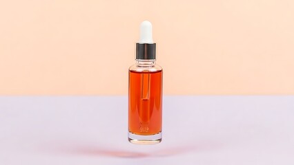 Elegant serum bottle with dropper against pastel backdrop for beauty and wellness campaigns