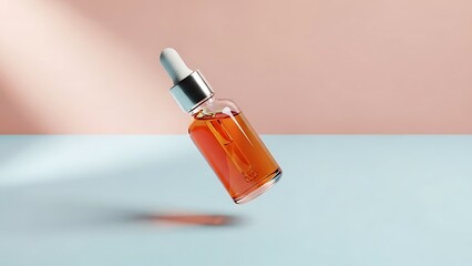Elegant serum bottle levitating with amber liquid for beauty and wellness concepts with modern minimalist style