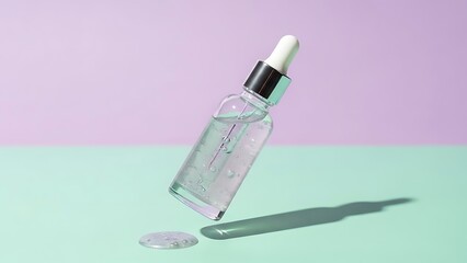 Elegant serum bottle with dropper for skincare routine on pastel background promoting healthy glowing skin