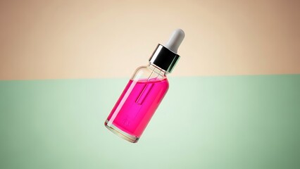 Elegant pink serum bottle conveys modern skincare or beauty product promises of youthful radiance