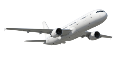 A modern passenger airplane soaring through the sky, showcasing its sleek design, isolated on transparent background