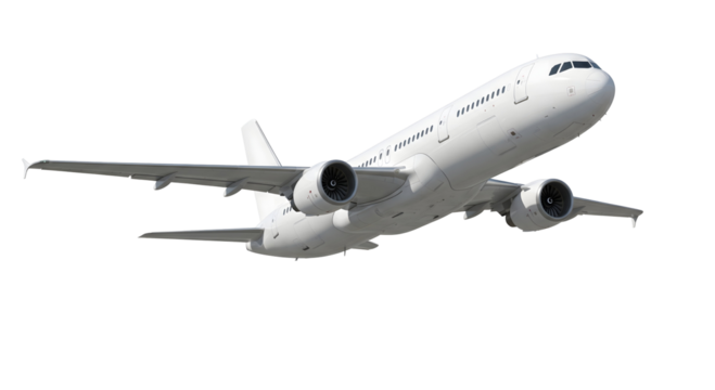 A modern passenger airplane soaring through the sky, showcasing its sleek design, isolated on transparent background