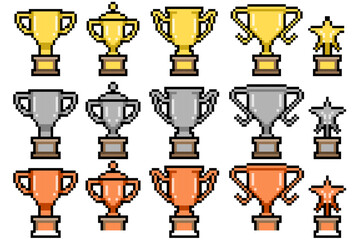 Set Pixel Trophy Different Style Gold, Silver, and Bronze Vector Ideal for diverse ranking and gaming awards in an 8-bit aesthetic. Symbolizes success, different levels of achievement, and competition