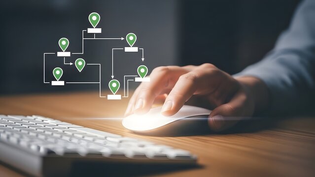 Organizational chart visualization with mouse click on wooden desk