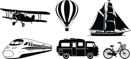 Transport icons, biplane, hot air balloon, sailing ship, train, camper van, bicycle, silhouette style, travel modes, black symbols, adventure set © Habiba