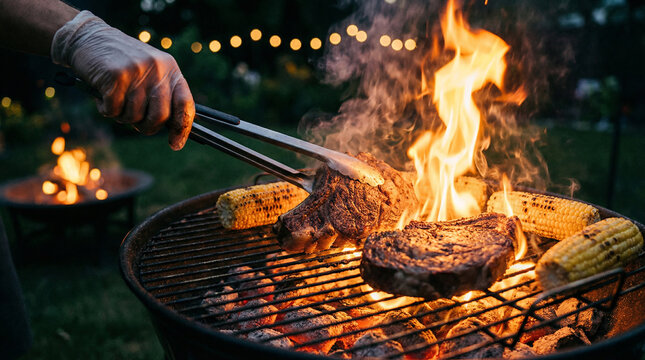  Close-up of a person grilling juicy steaks and corn over open flames at an evening backyard barbecue, with a cozy fire pit in the background