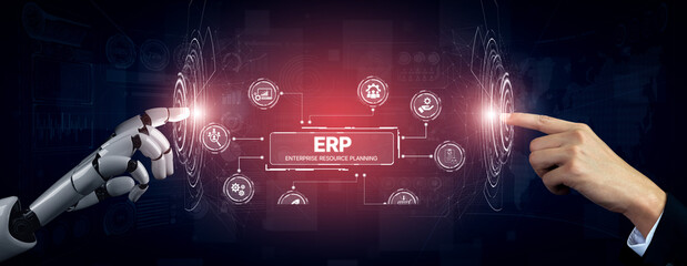 Fototapeta premium AI optimizes ERP platforms with centralized dashboards, automated data flow, and smart tools for managing finance, inventory, and enterprise resource planning. Artificial intelligence spline