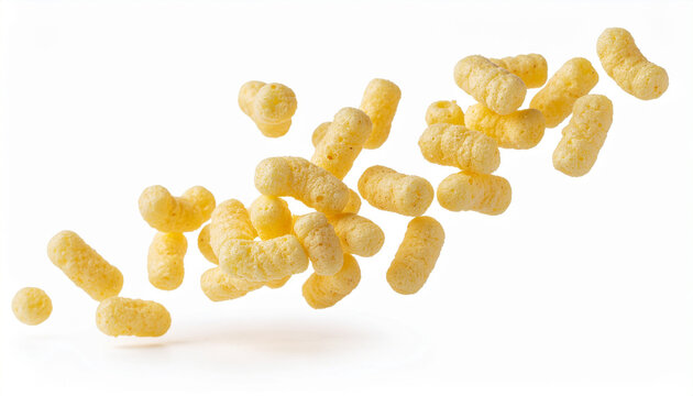 A group of yellow, crunchy corn puff snacks is suspended in mid-air, with a clean white background emphasizing their light and airy texture. - Powered by Adobe
