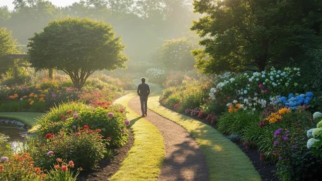 Person walking through a serene garden path bathed in sunlight
