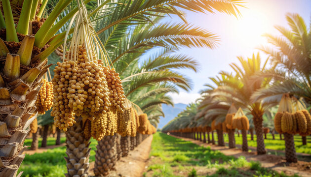 A vibrant view of a date palm orchard with rows of trees bearing clusters of fresh dates, illuminated by bright, warm sunlight and a clear blue sky.