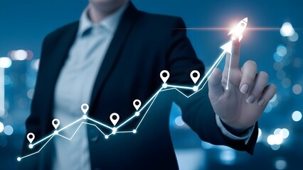 Businesswoman touching rising arrow on screen with city lights background