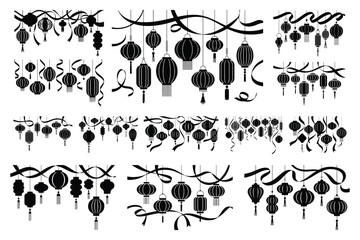 Fototapeta premium Black Chinese lanterns and ribbons hanging decorative elements