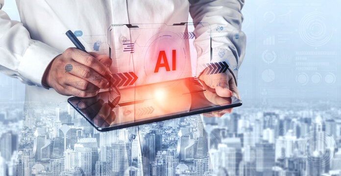 Concept of advanced Artificial Intelligence technology. A futuristic heads-up display shows the core system processing data, representing machine learning and complex analysis. Fermion