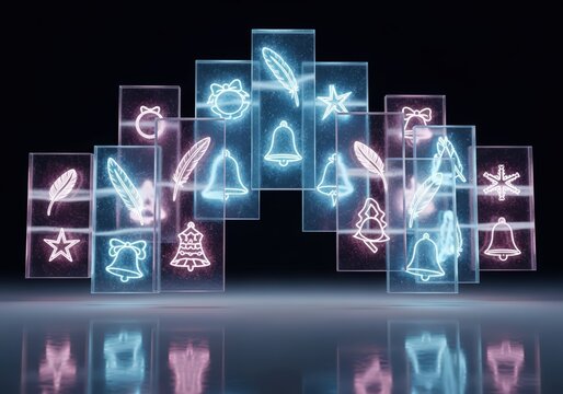 Glowing christmas symbols on transparent tiles with reflections in a dark environment scene