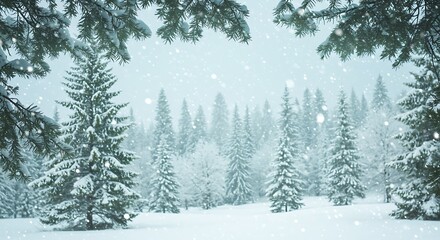 Obraz premium A peaceful winter landscape featuring snow covered evergreen trees and falling snow.
