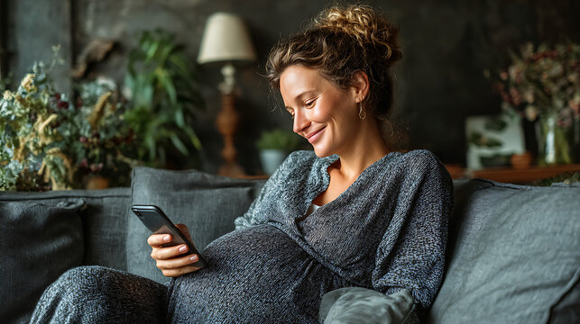 pregnant woman enjoying calm moment on sofa smiling while reading on smartphone cozy home lifestyle maternity wellness comfort and peaceful family living - Powered by Adobe