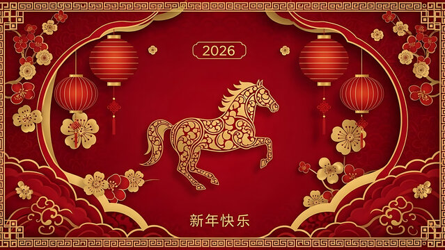 Traditional Chinese New Year decoration featuring a golden horse, lanterns, and floral elements, celebrating the year 2026