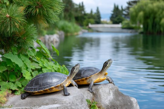 Two pond turtles sunbathing on rocks near water