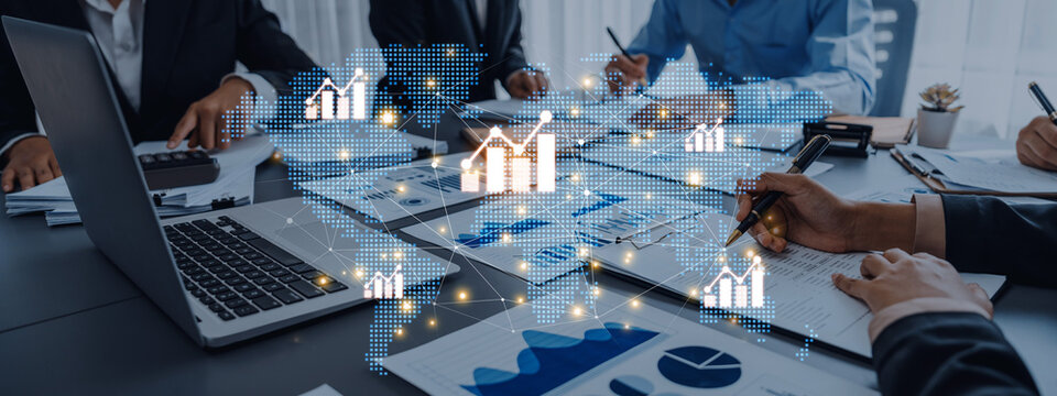Visualization of global economic growth and stock market data. Financial chart analysis shows international business performance and investment opportunities in the world market. Fermion