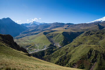 Fototapeta premium Caucasus Mountains. Mountain Journey to the northern Elbrus region. Beautiful landscapes near the climbing camp at Emmanuel Glade. 