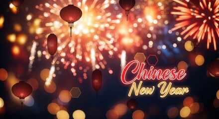 Spectacular chinese new year fireworks display illuminating the night sky with vibrant bursts and glowing lanterns
