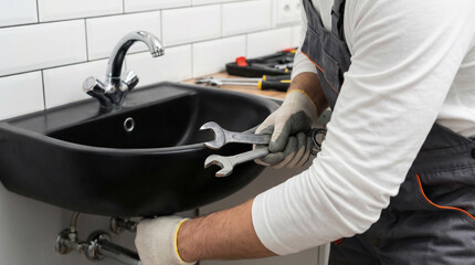 Professional plumber's hands in gloves working on a modern black bathroom sink with wrenches. Home repair, maintenance, and installation service concept