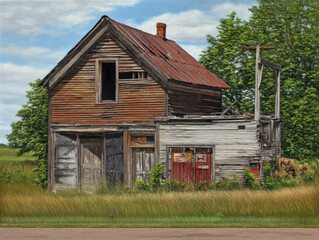 Fototapeta premium Dilapidated Two-Story Farmhouse with Rusty Roof and Overgrown Grass, Abandoned Rural Structure, Weathered Wood, and Nostalgic Countryside Scene