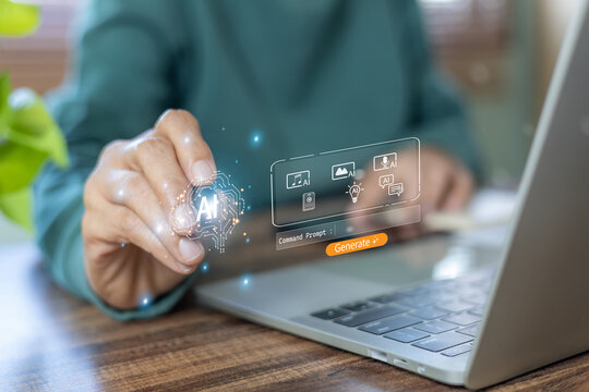 A creative professional uses a command prompt to generate multimedia content with a generative AI, creating images, videos, smart machine learning, and future digital business automation technology.