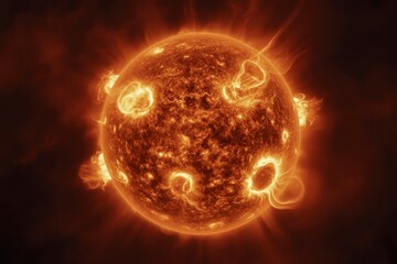 The sun, a fiery celestial body with solar flares erupting outward.