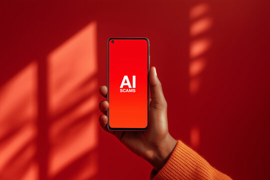 Hand holding smartphone displaying ai scams warning