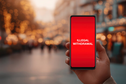Hand holding phone displaying illegal withdrawal warning