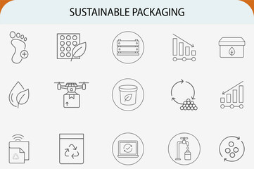 sustainable packaging carbon footprint logistics line vector icons set