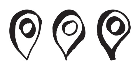 Set of hand drawn map pin Map marker pointer sign GPS and mapping tools Location pin symbol Pinpoint clipart in doodle style Single element for web, design