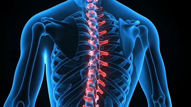Human Spine Anatomy with Highlighted Vertebrae and Ribs in Blue X-ray View.