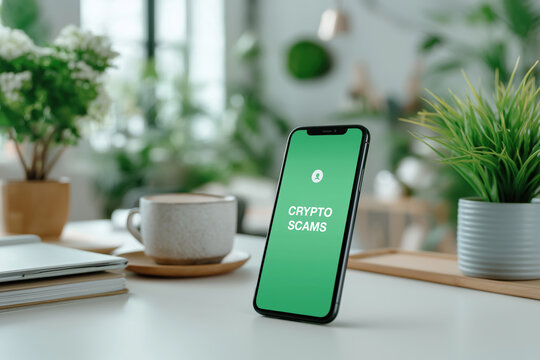 Smartphone displaying crypto scams warning on screen