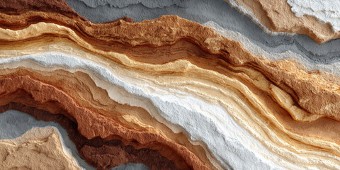 Fototapeta premium Abstract Layered Earth Texture Background with Brown, Beige, White and Gray Colors, Geological Layers, Topography, Sandstone, Sedimentary Rock, Cross Section