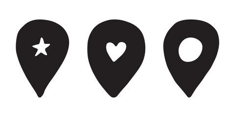 Set of hand drawn map pin Map marker pointer sign GPS and mapping tools Location pin symbol Pinpoint clipart in doodle style Single element for web, design