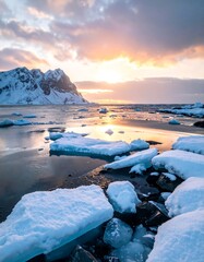 Icy coastal scene at sunset with snow-capped mountains and water